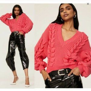 IRO Arwy Chunky Cable Oversized V-Neck Sweater 3D Knit Bubblegum Pink